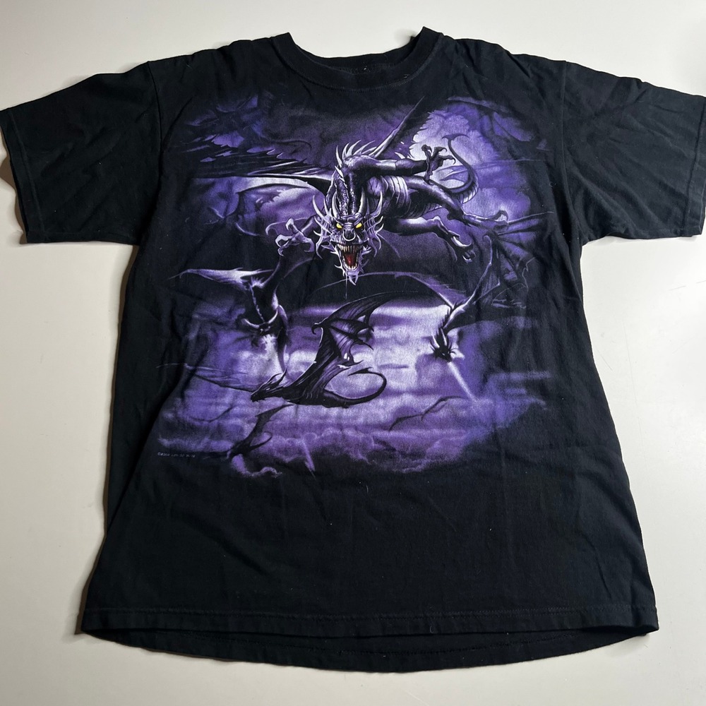 Vintage 2002 Liquid Blue Dragon T-Shirt Black Purple Double Sided Graphic Tee